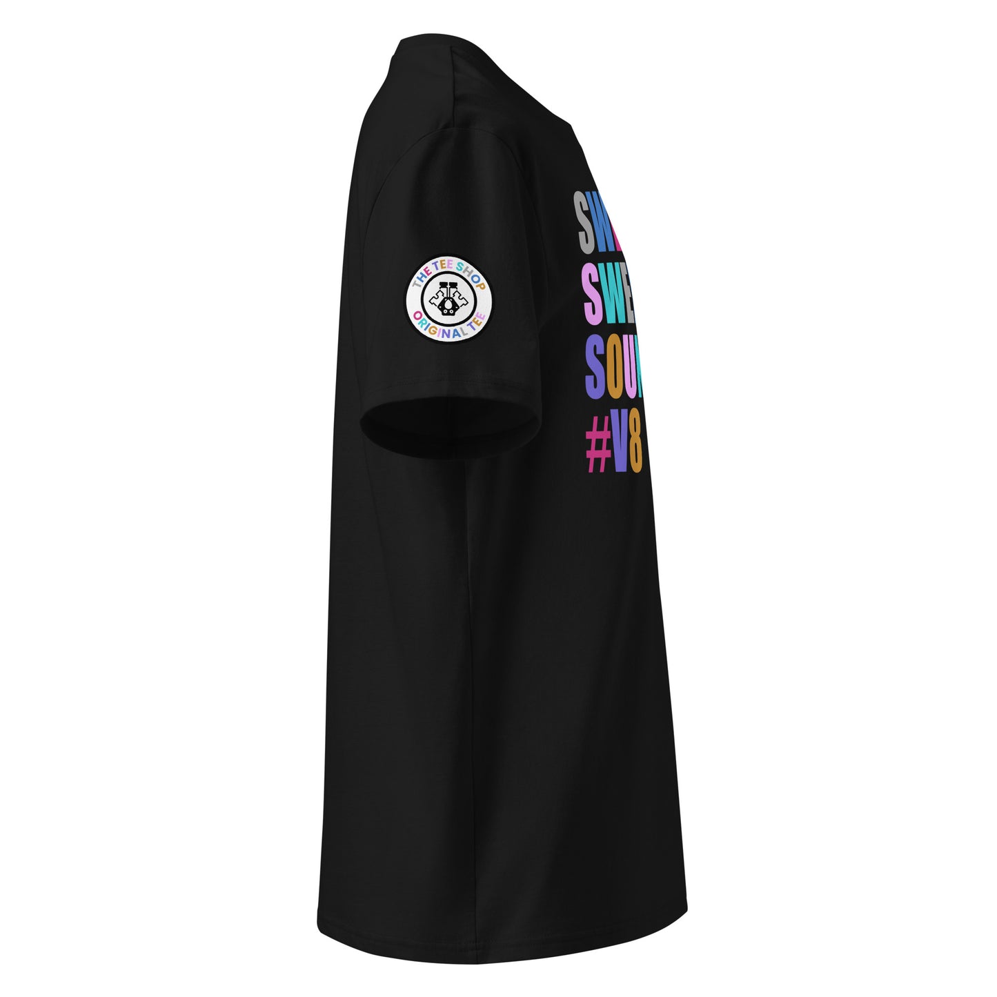 Right side view of black t-shirt showing The Tee Shop’s unique engine logo on the sleeve and edge of the multi-colour SWEET SWEET SOUNDS #V8 slogan. DTF print, car culture and engine tribute.