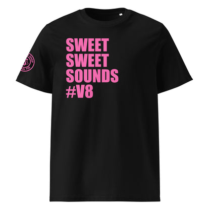 Front view of black unisex t-shirt with bold pink “SWEET SWEET SOUNDS #V8” slogan. DTF print, perfect for V8 engine fans and car meet enthusiasts.