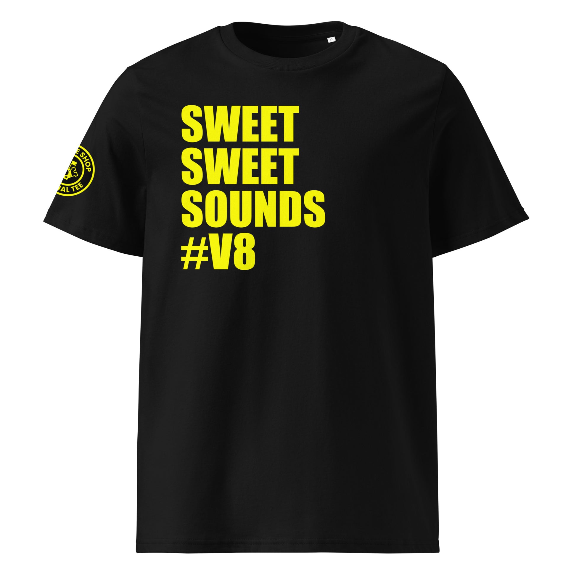 Front view of black unisex t-shirt with bold yellow “SWEET SWEET SOUNDS #V8” slogan. DTF print, perfect for V8 engine fans and car meet enthusiasts.