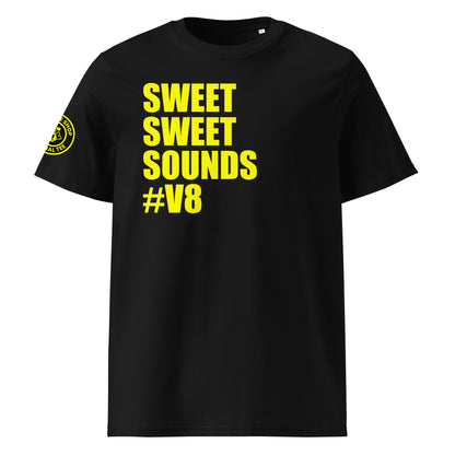 Front view of black unisex t-shirt with bold yellow “SWEET SWEET SOUNDS #V8” slogan. DTF print, perfect for V8 engine fans and car meet enthusiasts.