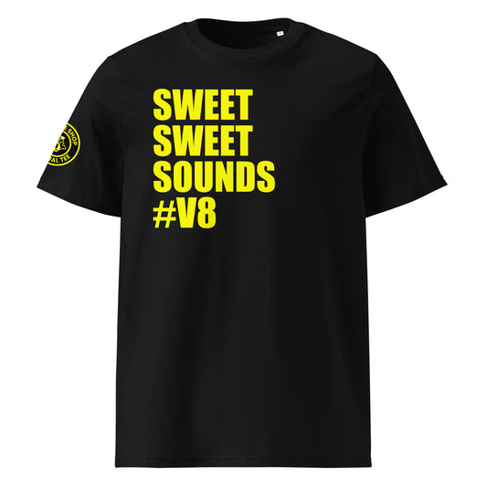 Front view of black unisex t-shirt with bold yellow “SWEET SWEET SOUNDS #V8” slogan. DTF print, perfect for V8 engine fans and car meet enthusiasts.