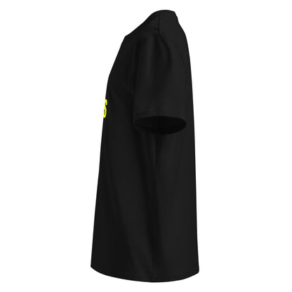 Left side view of black unisex t-shirt, plain sleeve, visible side of the yellow “SWEET SWEET SOUNDS #V8” chest print. Minimalist, car meet style.