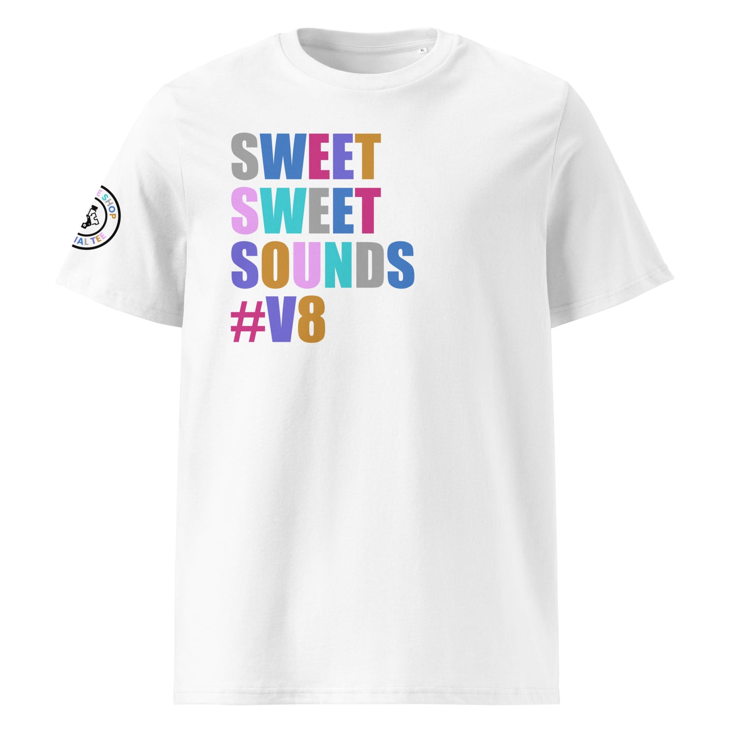 Front view of white unisex t-shirt with “SWEET SWEET SOUNDS #V8” slogan in multi-colour harlequin print. DTF print, perfect for V8 engine fans and car meet enthusiasts.