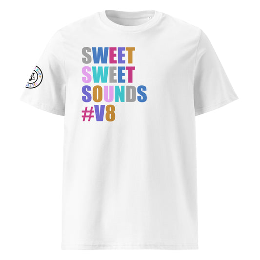 Front view of white unisex t-shirt with “SWEET SWEET SOUNDS #V8” slogan in multi-colour harlequin print. DTF print, perfect for V8 engine fans and car meet enthusiasts.