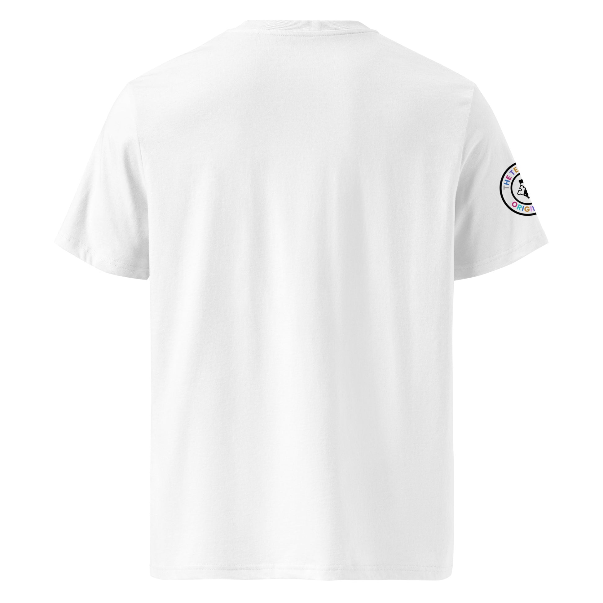 Back view of white unisex t-shirt with plain design. No rear print, highlighting the multi-colour front slogan and unique engine logo on the sleeve. DTF print, perfect for car meet and V8 engine fans.