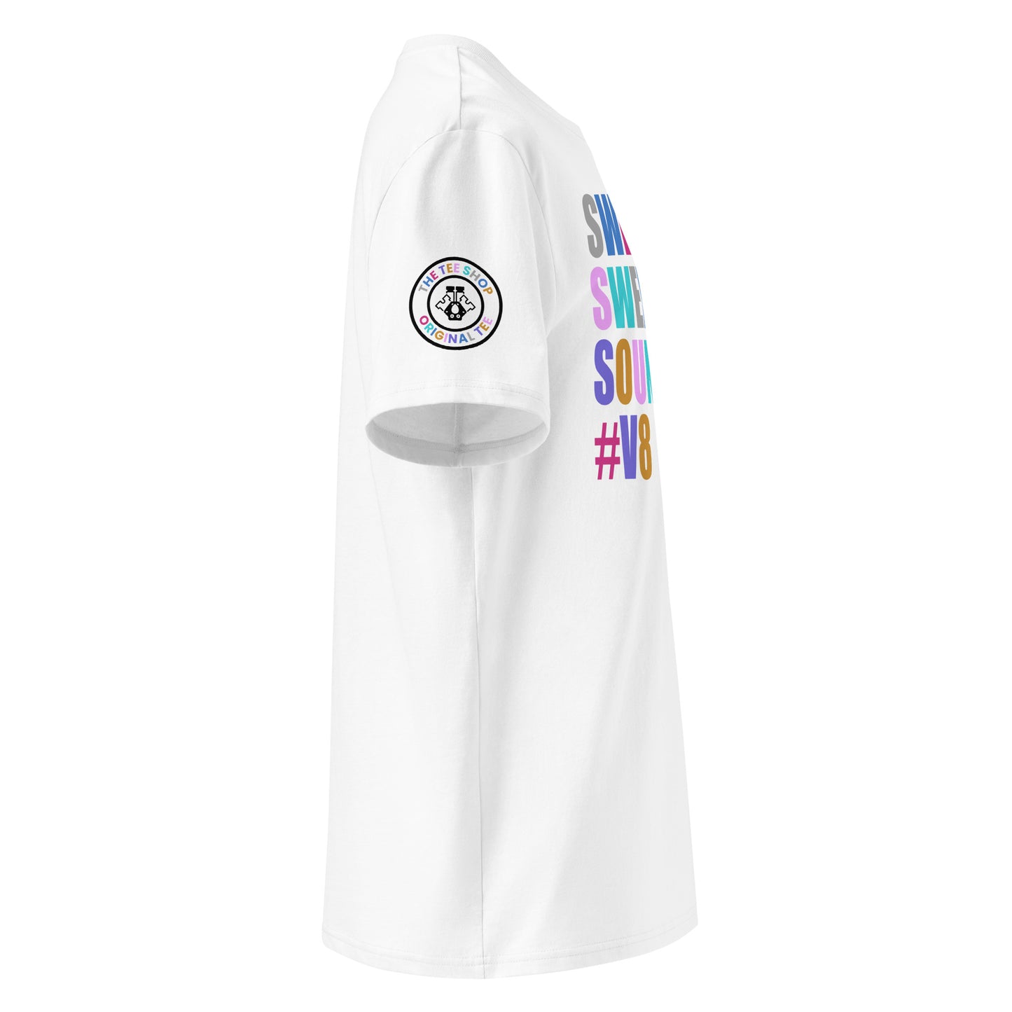 Right side view of white t-shirt showing The Tee Shop’s unique engine logo on the sleeve and edge of the multi-colour SWEET SWEET SOUNDS #V8 slogan. DTF print, car culture and engine tribute.