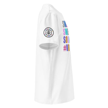 Right side view of white t-shirt showing The Tee Shop’s unique engine logo on the sleeve and edge of the multi-colour SWEET SWEET SOUNDS #V8 slogan. DTF print, car culture and engine tribute.