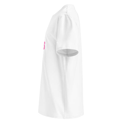 Left side view of white unisex t-shirt, plain sleeve, visible side of the pink “SWEET SWEET SOUNDS #V8” chest print. Minimalist, car meet style.