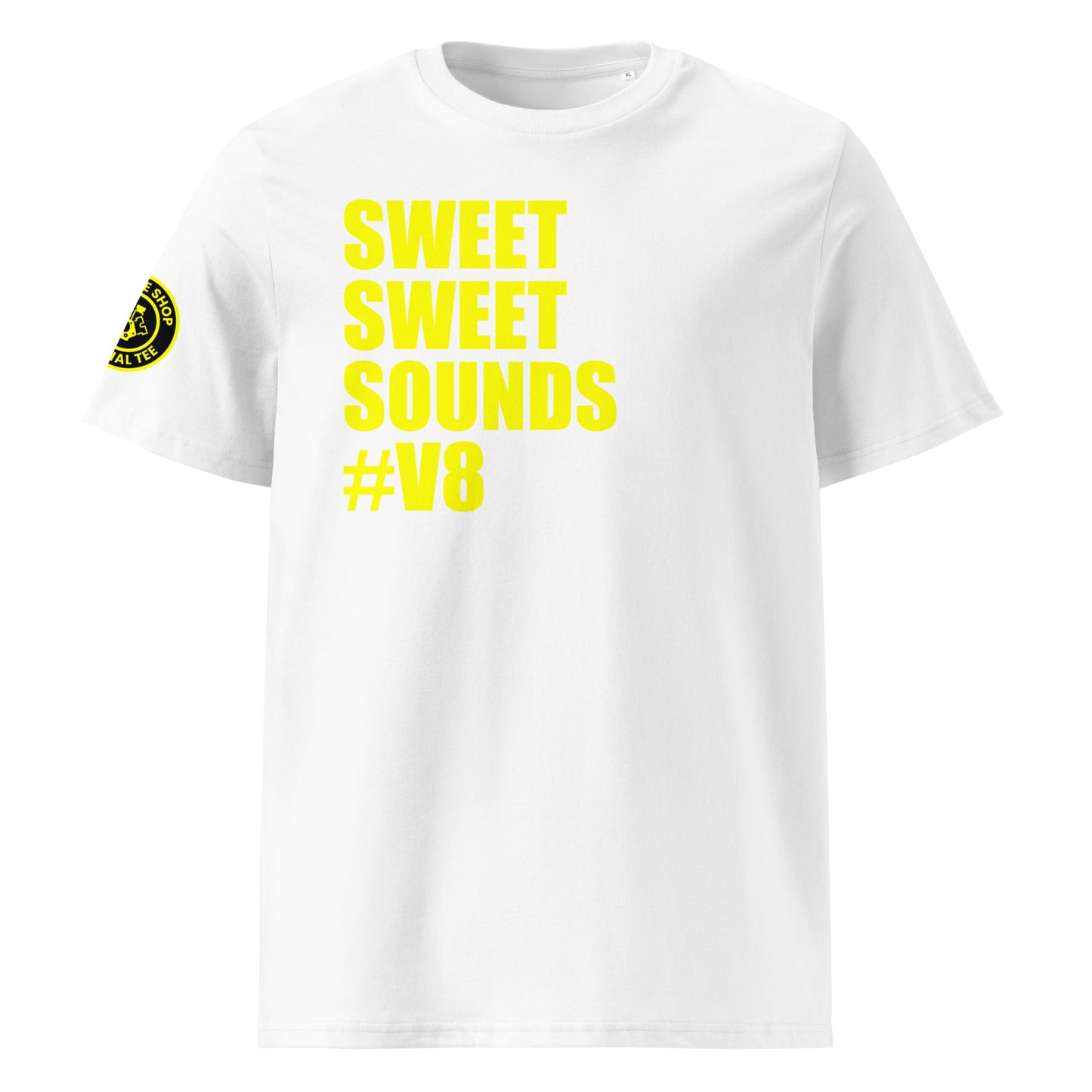 Front view of white unisex t-shirt with bold yellow “SWEET SWEET SOUNDS #V8” slogan. DTF print, perfect for V8 engine fans and car meet enthusiasts.