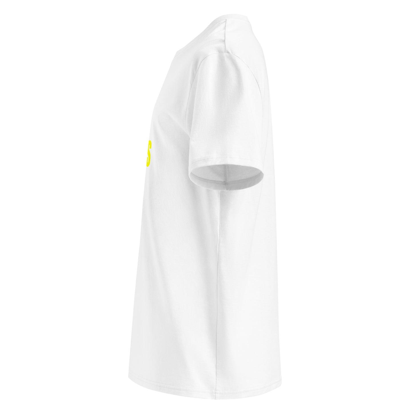 Left side view of white unisex t-shirt, plain sleeve, visible side of the yellow “SWEET SWEET SOUNDS #V8” chest print. Minimalist, car meet style.
