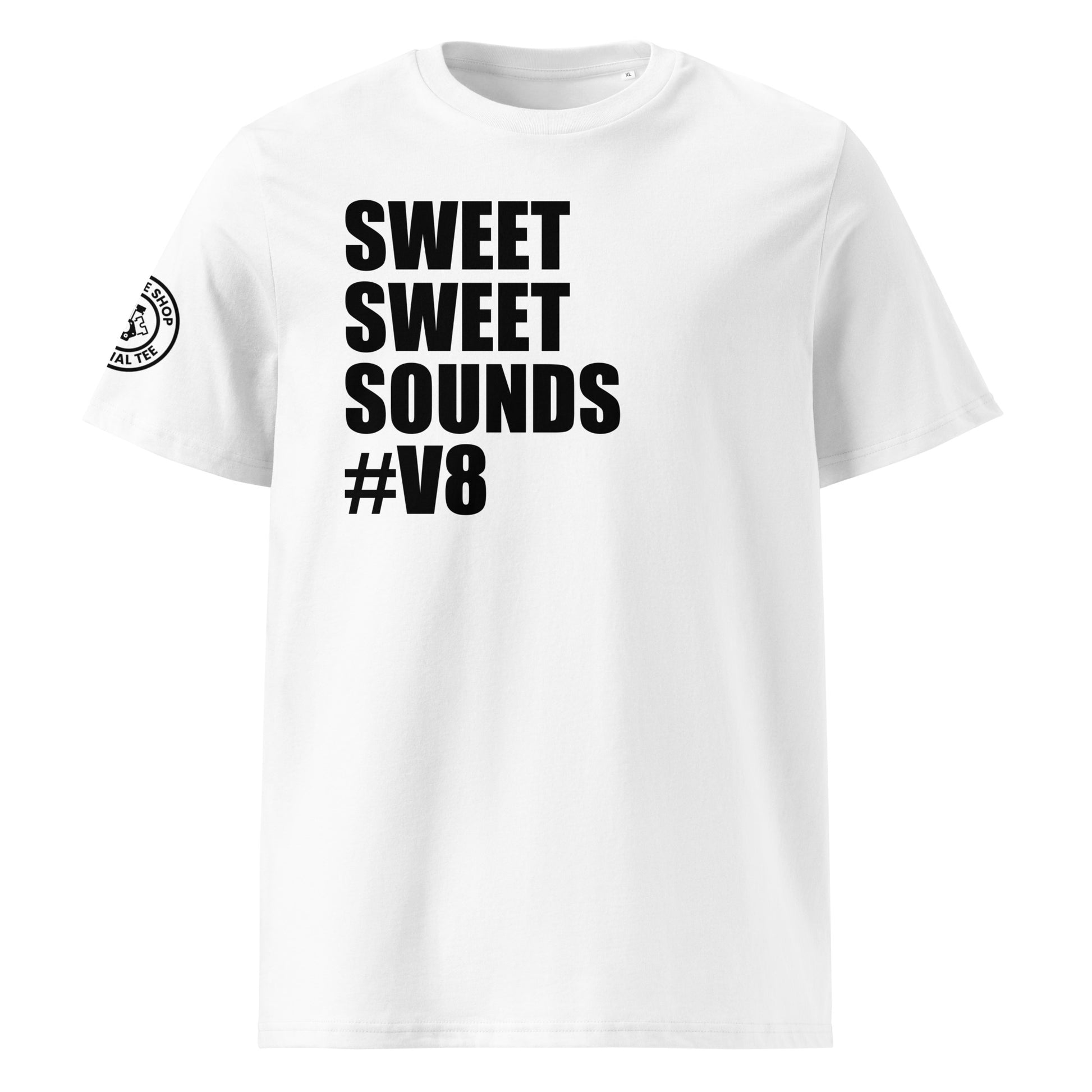 Check out the front view of the "SWEET SWEET SOUNDS #V8" White T-Shirt, perfect for engine enthusiasts. Available now at TheTeeShop!