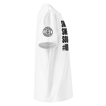 See the right view of the "SWEET SWEET SOUNDS #V8" White T-Shirt, featuring TheTeeShop logo. Ideal for car meets and automotive events!