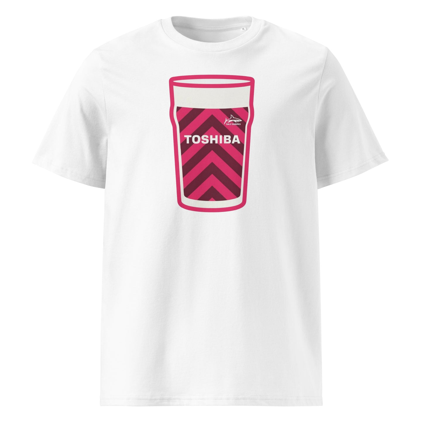 White Sale Sharks European Mega Pint Rugby T-Shirt with pink and black chevron pint glass graphic, Toshiba sponsor detail and Sale Sharks crest.