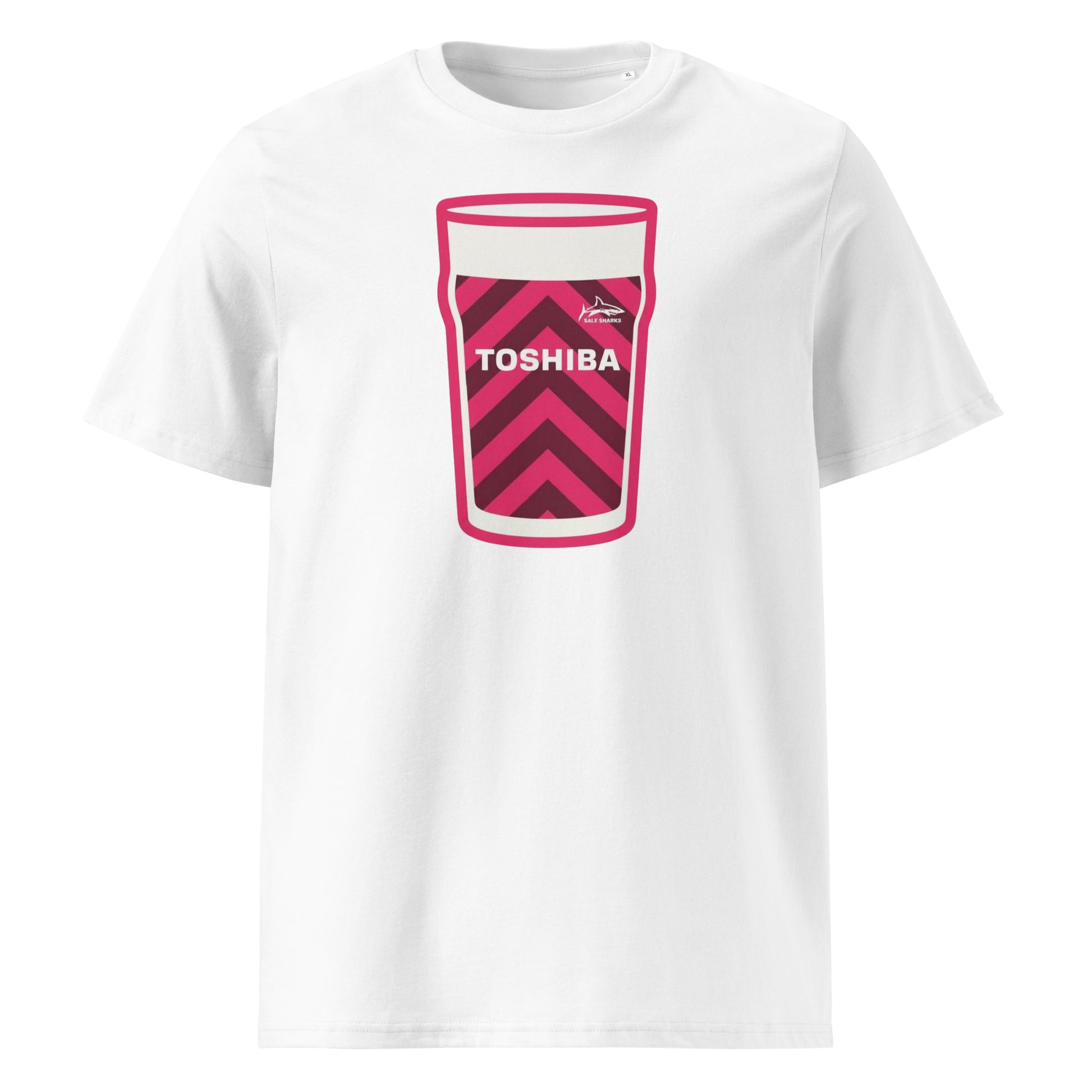 White Sale Sharks European Mega Pint Rugby T-Shirt with pink and black chevron pint glass graphic, Toshiba sponsor detail and Sale Sharks crest.