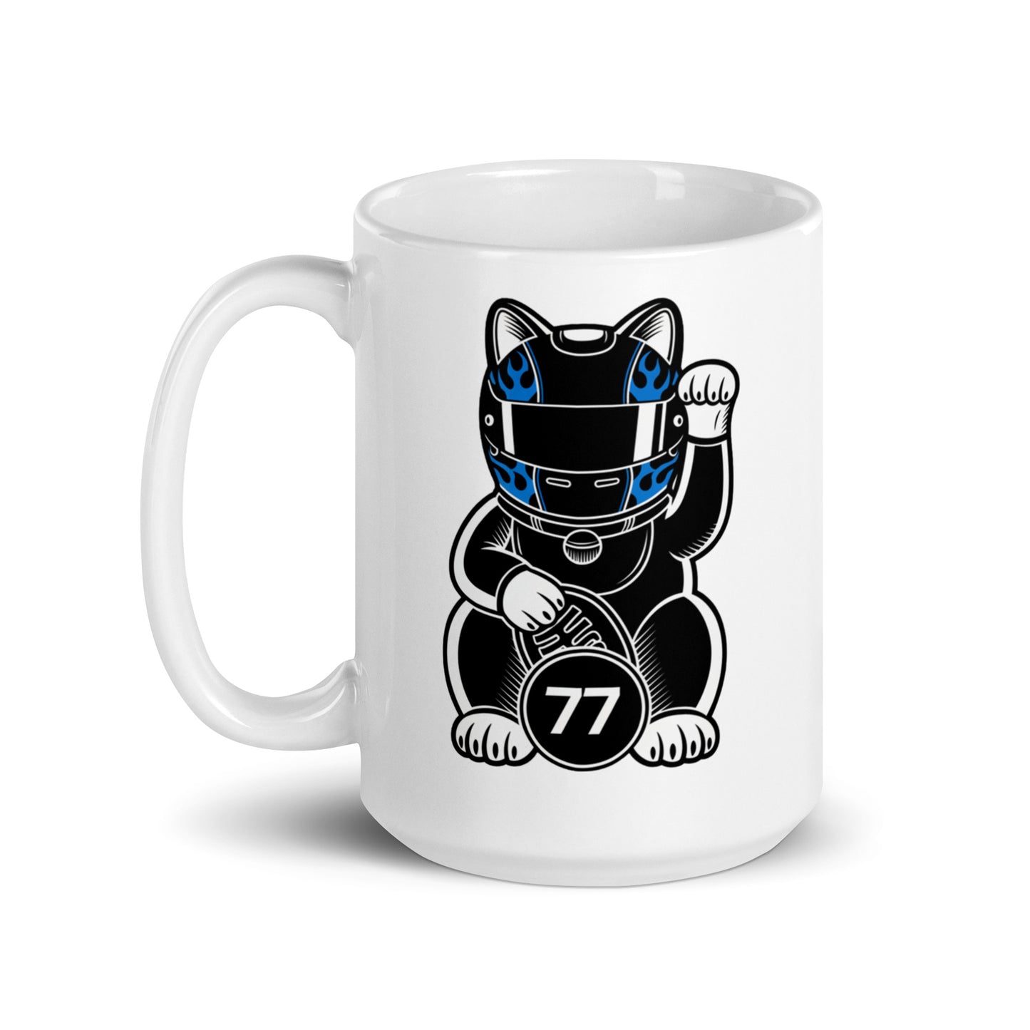 Glossy ceramic mug with a helmeted lucky cat in black gear and a #77 coin ideal for fans who like their coffee strong and their vibe stronger.