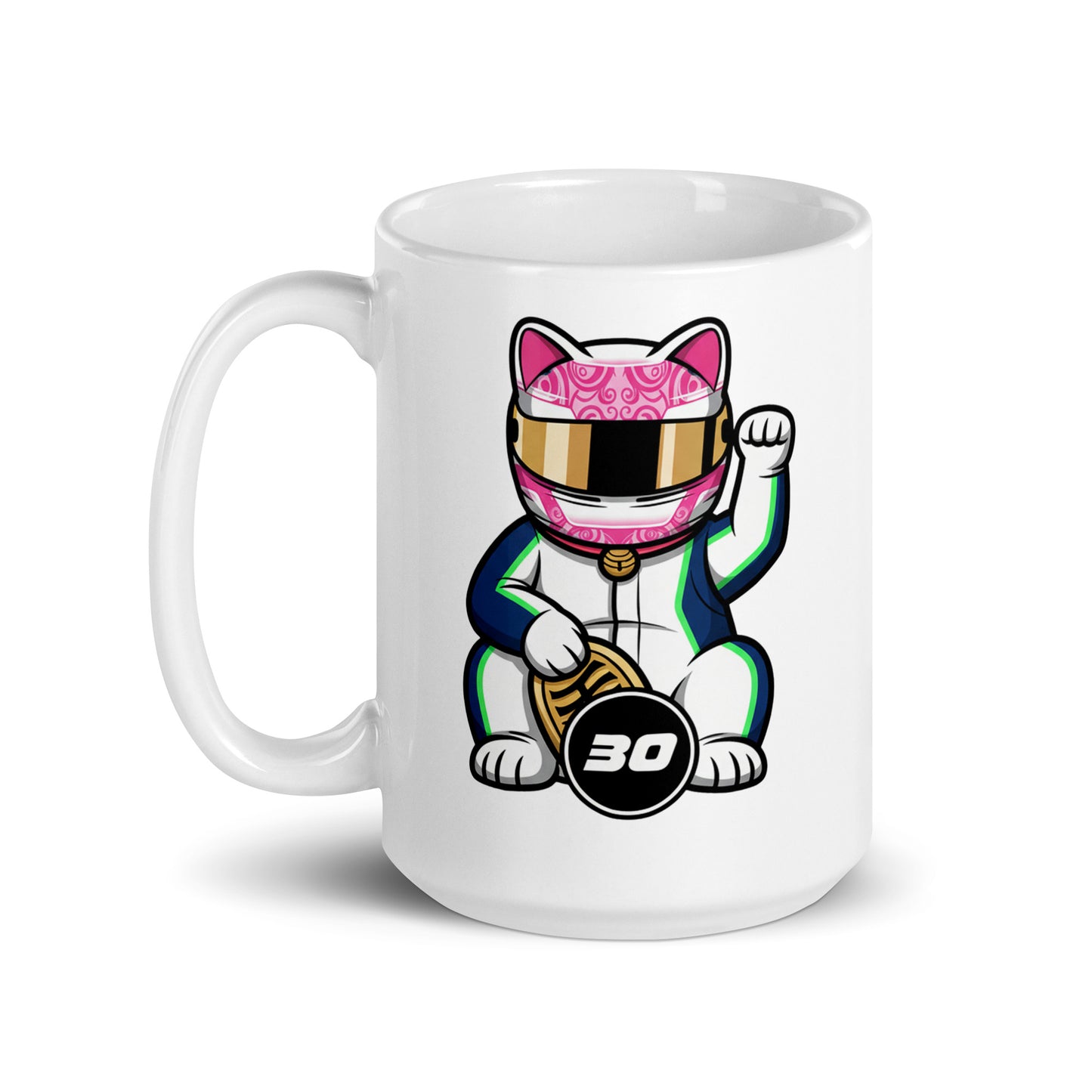 Glossy ceramic mug with a helmeted lucky cat in white kit and a #30 coin ideal for fans who love elbows-out moves and no-nonsense attitude.