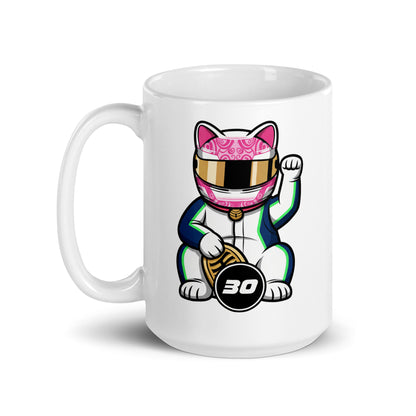 Glossy ceramic mug with a helmeted lucky cat in white kit and a #30 coin ideal for fans who love elbows-out moves and no-nonsense attitude.