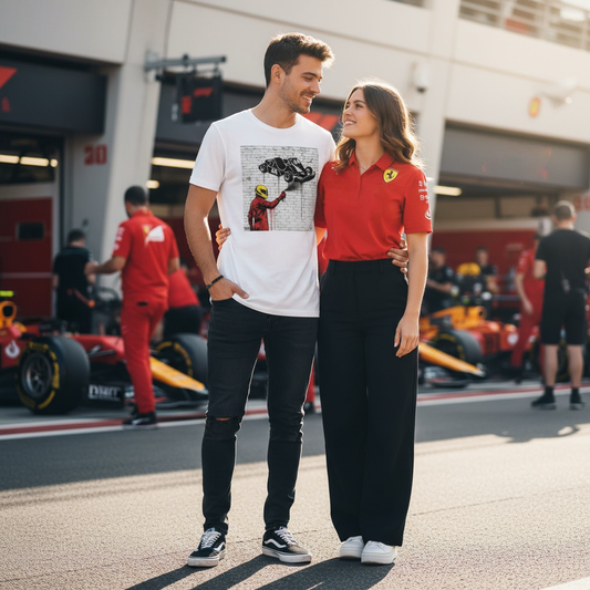 Man wearing TheTeeShop’s Scuderia Series Humble Beginnings Graffiti T-Shirt, standing with a woman in Ferrari teamwear at a Formula 1 paddock, with race cars and team members in the background, showcasing motorsport-inspired streetwear.