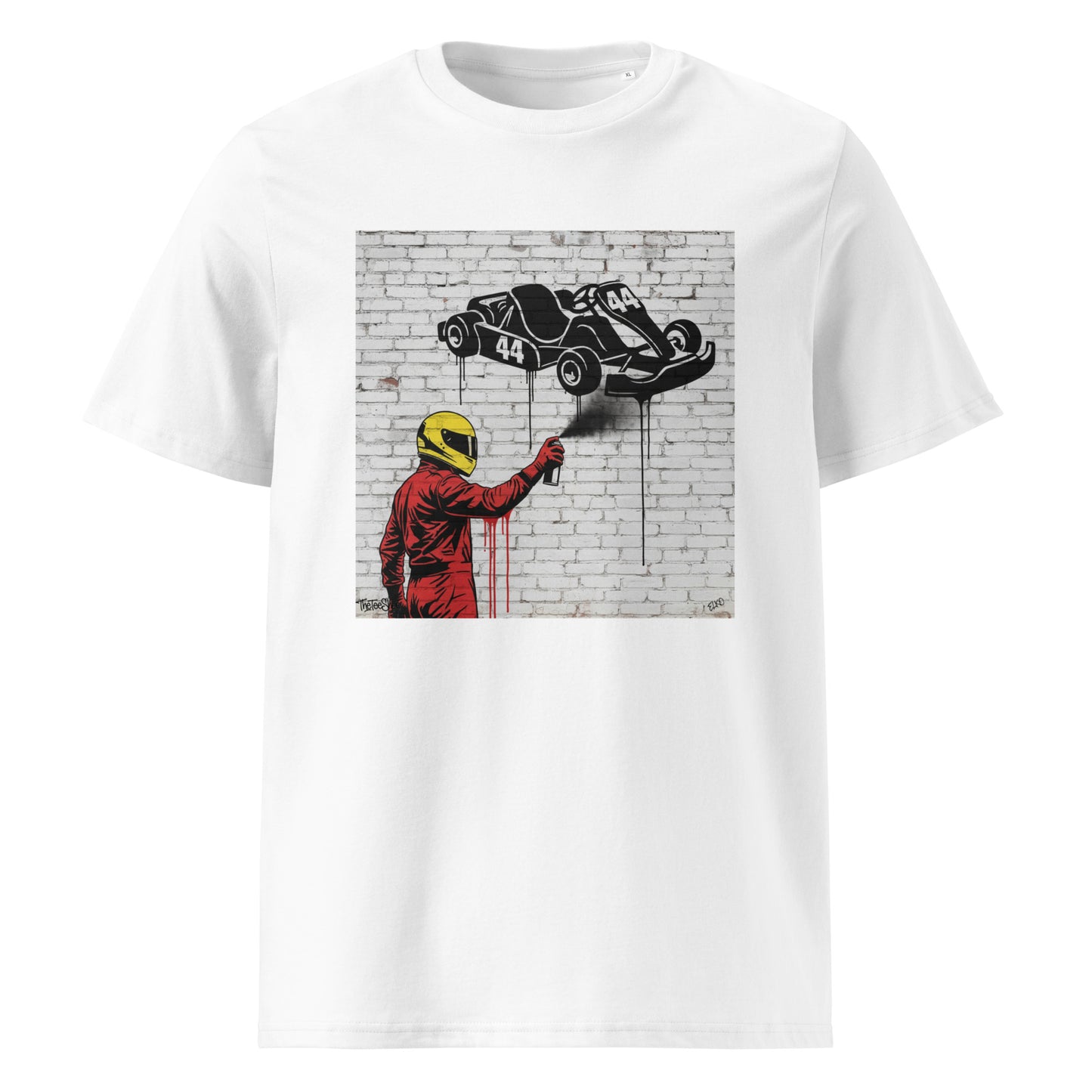 White unisex t-shirt featuring graffiti art of a go-kart with Lewis Hamilton’s race number 44 spray-painted on a brick wall, part of TheTeeShop’s Scuderia Series collection.
