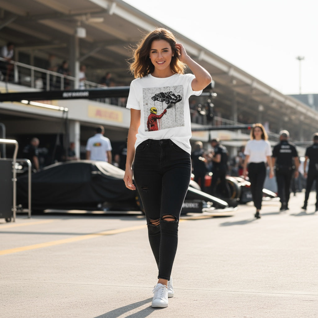 Young woman wearing TheTeeShop’s Scuderia Series Humble Beginnings Graffiti T-Shirt featuring a graffiti-style go-kart with Lewis Hamilton’s race number 44, walking in a Formula 1 paddock with race cars and team members in the background.
