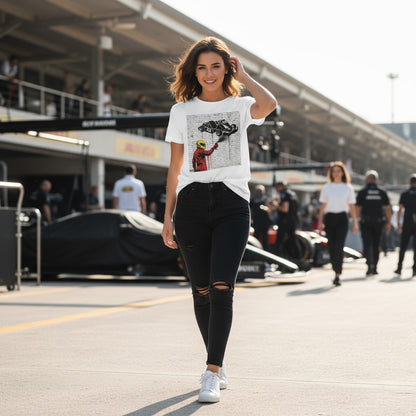 Young woman wearing TheTeeShop’s Scuderia Series Humble Beginnings Graffiti T-Shirt featuring a graffiti-style go-kart with Lewis Hamilton’s race number 44, walking in a Formula 1 paddock with race cars and team members in the background.
