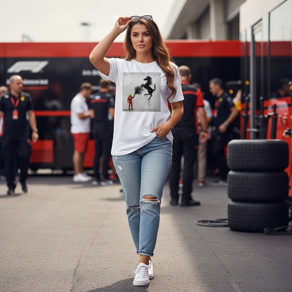 Young woman wearing TheTeeShop’s Scuderia Series Prancing Horse Graffiti T-Shirt, walking in a Formula 1 paddock with Ferrari team members and equipment in the background, showcasing bold Ferrari-inspired motorsport streetwear.