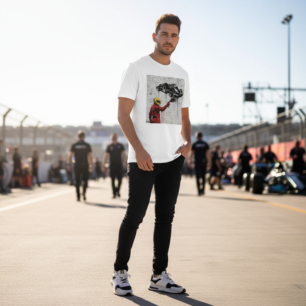 Man wearing TheTeeShop’s Scuderia Series Prancing Horse Graffiti T-Shirt, standing trackside at a Formula 1 paddock with team members and race cars in the background, showcasing bold Ferrari-inspired streetwear.
