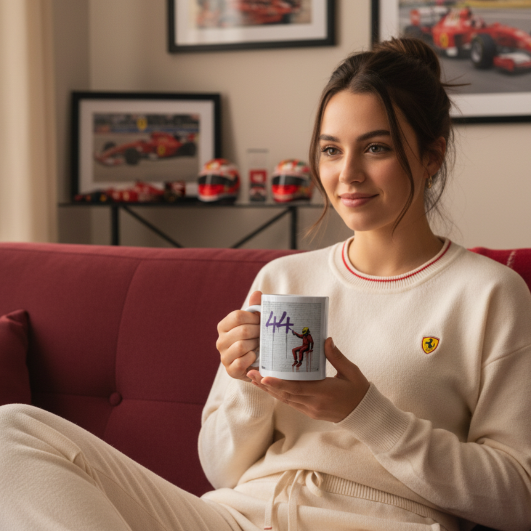 Female F1 fan in Ferrari or red-accented homewear, enjoying a hot drink from the Scuderia Series: The Magic Number Graffiti Mug while relaxing on the sofa with Ferrari or motorsport décor in the background.