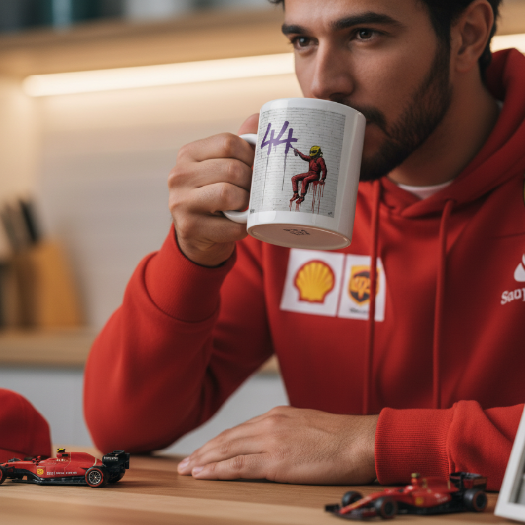 Male F1 fan in Ferrari loungewear, drinking from the Scuderia Series: The Magic Number Graffiti Mug at home, with Ferrari or Lewis Hamilton memorabilia in the background.