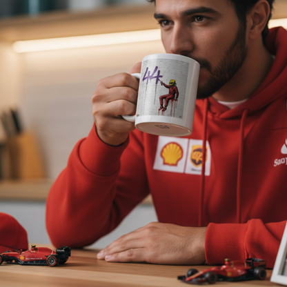 Male F1 fan in Ferrari loungewear, drinking from the Scuderia Series: The Magic Number Graffiti Mug at home, with Ferrari or Lewis Hamilton memorabilia in the background.