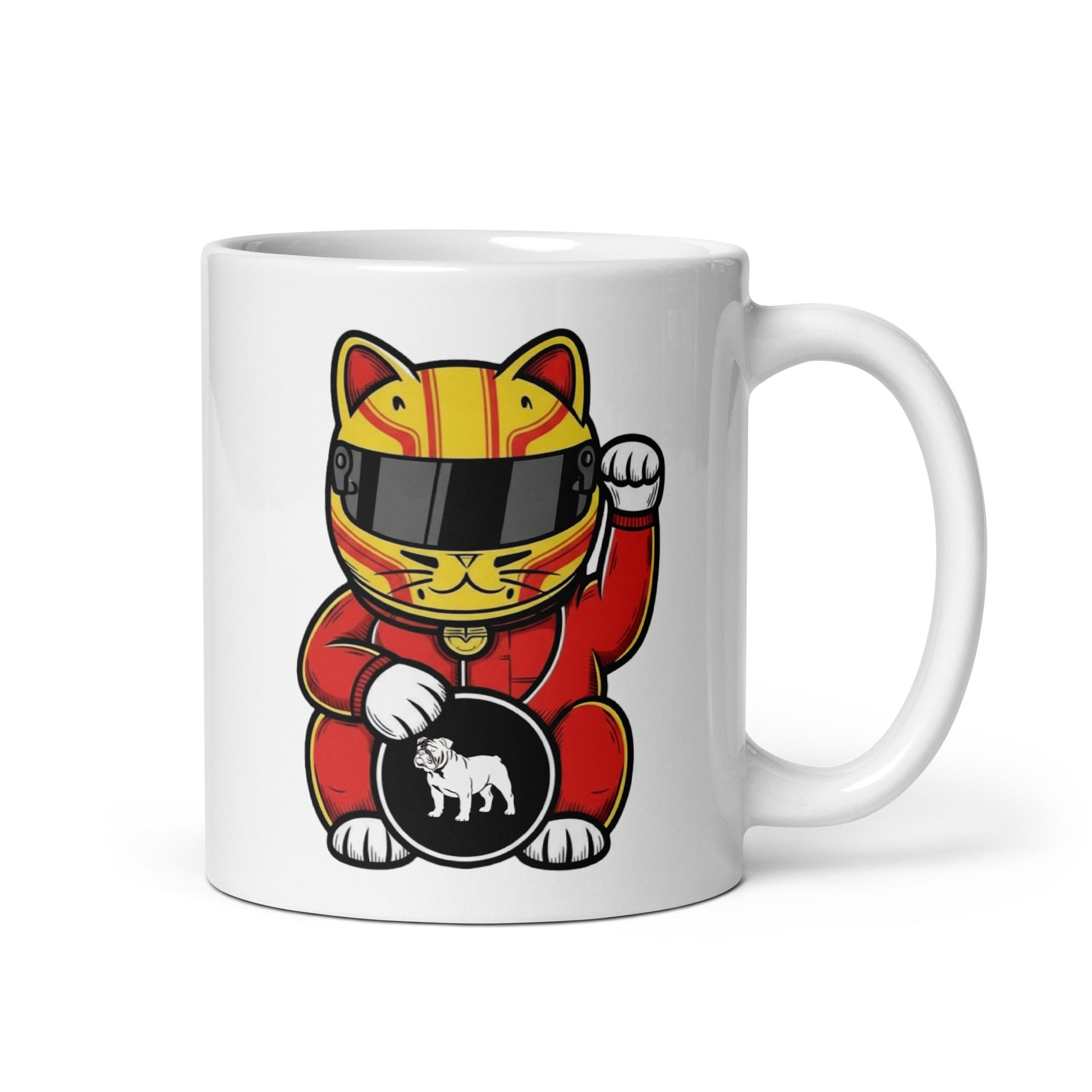 Motorsport fan 11oz mug for early-morning race starts and office video calls red helmet lucky cat graphic with bulldog coin detail for fans who know exactly who this is for.