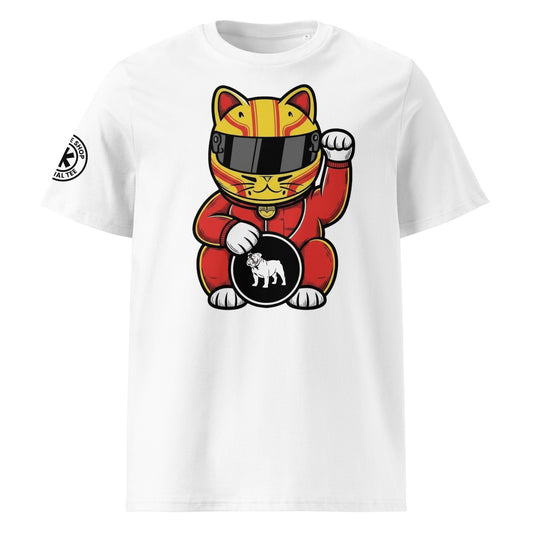 White t-shirt with a large front print lucky cat in a red race suit and striped helmet, featuring a bulldog lucky coin perfect for #44 vibes and seven-time energy.