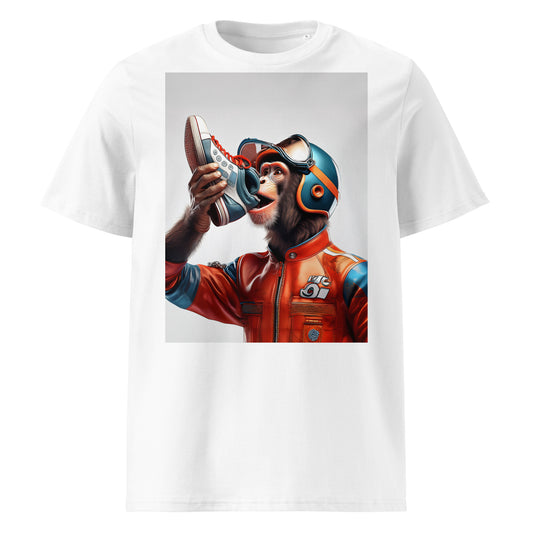 Front view of Shoey Monkey 1.0 t-shirt featuring a monkey in race gear doing a shoey, pastel design.