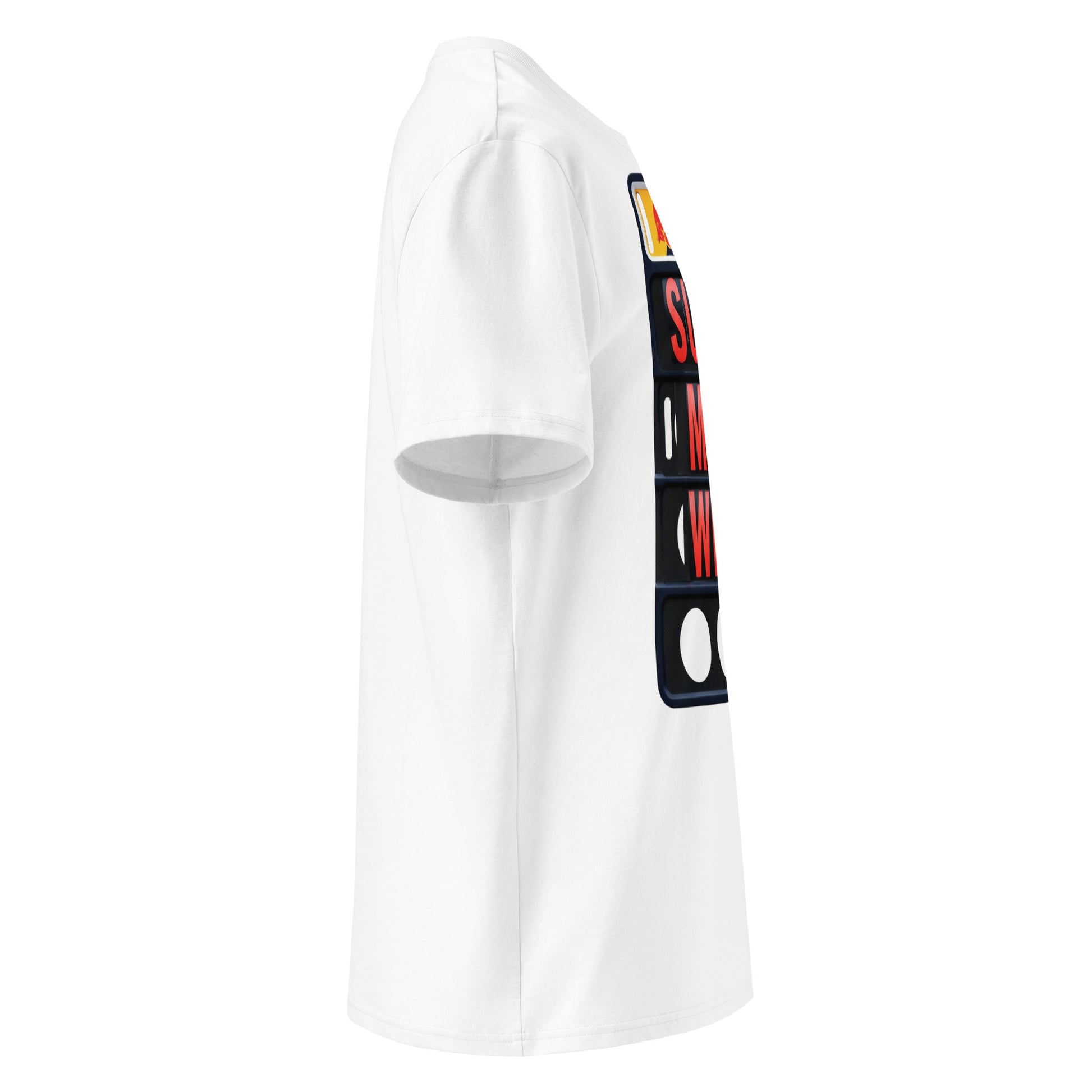 Side angle view of SUPER MAX! WINS t-shirt – Red Bull F1 pit board Monza design on white shirt