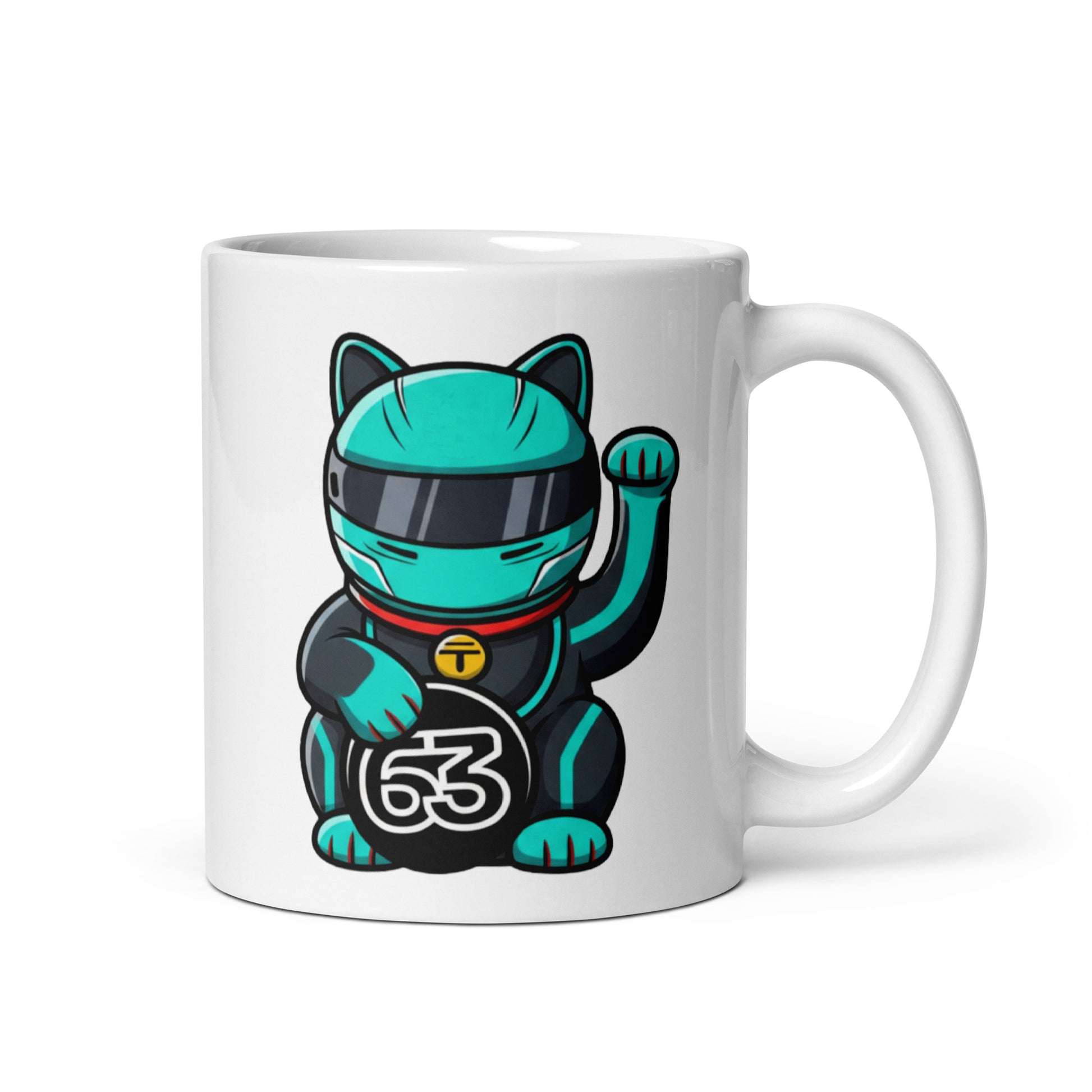 Motorsport-inspired lucky cat mug with cool-toned race suit and #63 coin detail perfect for race mornings and desk flex energy.