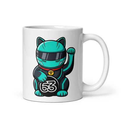 Motorsport-inspired lucky cat mug with cool-toned race suit and #63 coin detail perfect for race mornings and desk flex energy.