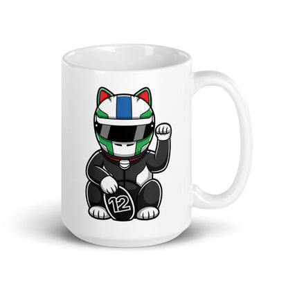 Glossy ceramic mug with a helmeted lucky cat in black kit holding a #12 coin ideal for fans backing the silver team’s next big thing.