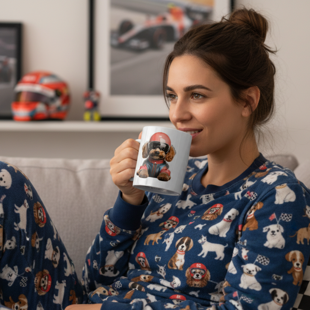 Female F1 fan in blue, red, or dog-themed homewear, enjoying a hot drink from the Simba Gasly Mug while relaxing on the sofa with F1 or motorsport décor in the background.