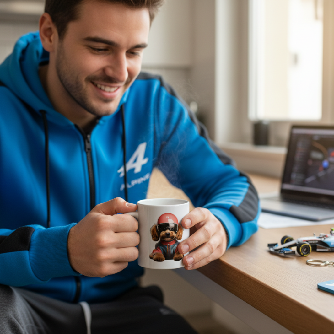 Male F1 fan in Gasly or Alpine loungewear, drinking from the Simba Gasly Mug at home, with F1 or Pierre Gasly memorabilia in the background.