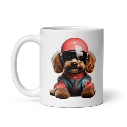 White ceramic 11oz mug featuring a playful illustration of Simba, a fluffy brown dog wearing a red racing helmet and a matching red and blue jacket, inspired by fast dogs.