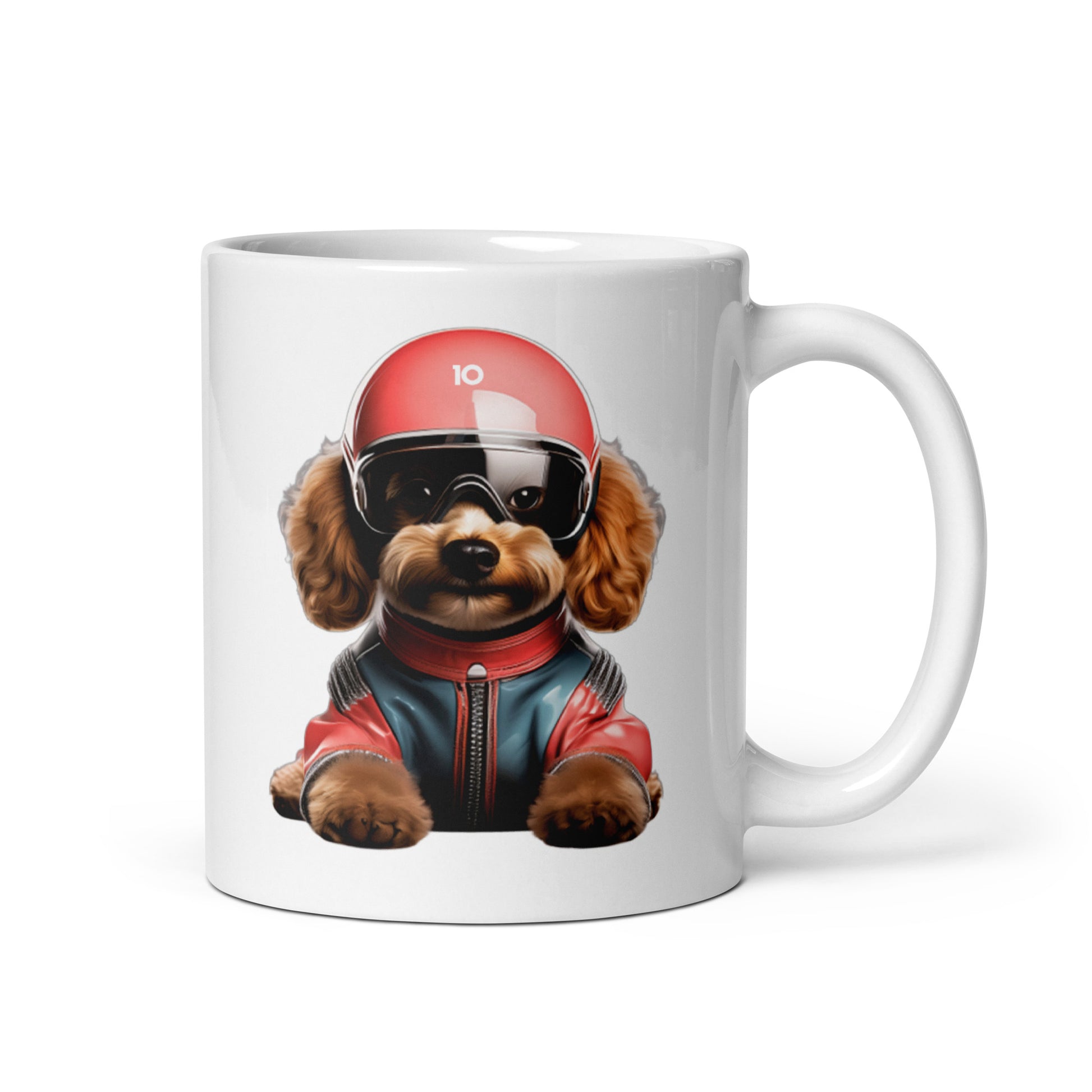 White ceramic 11oz mug featuring a playful illustration of Simba, a fluffy brown dog wearing a red racing helmet and a matching red and blue jacket, inspired by fast dogs.