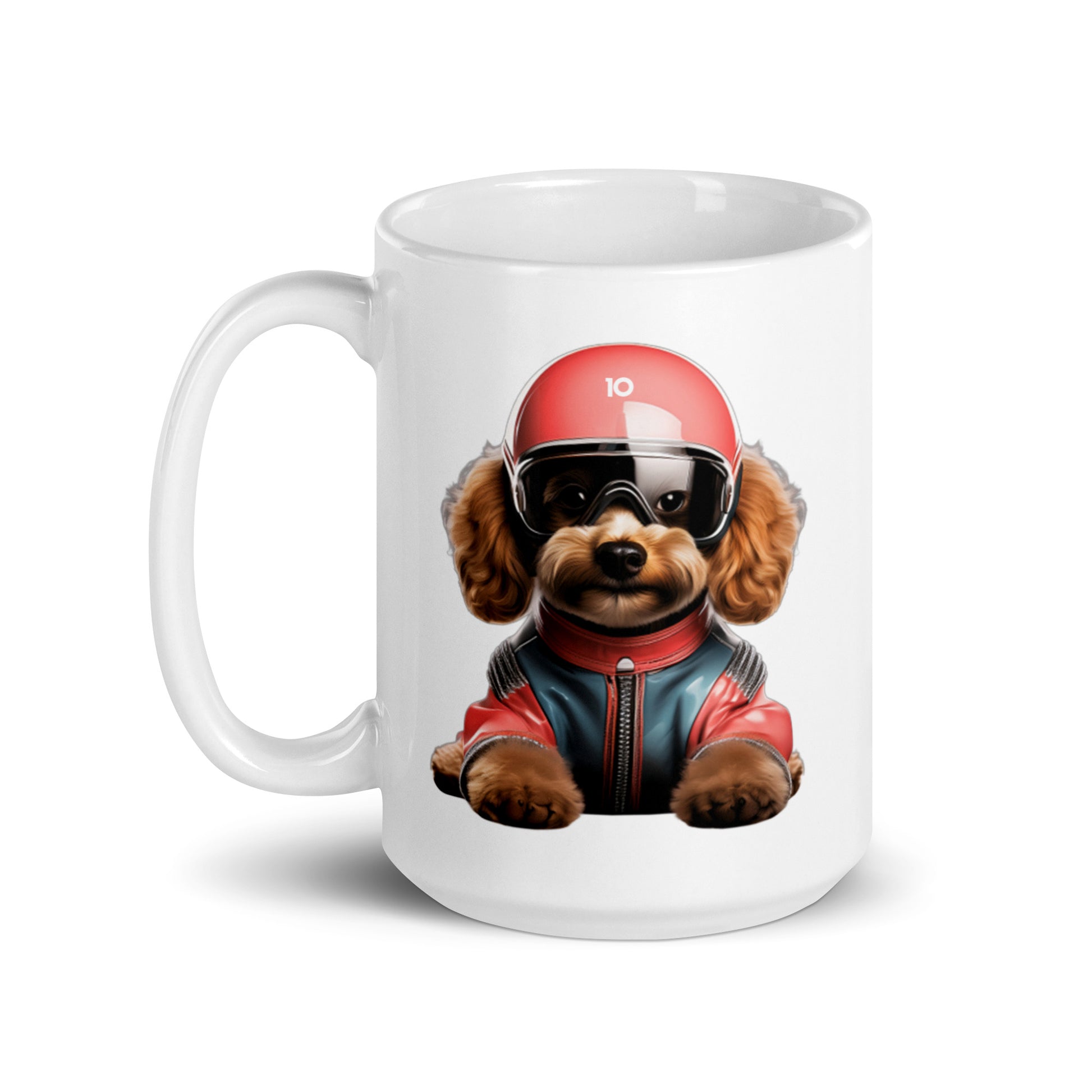 White ceramic 15oz mug featuring a playful illustration of Simba, a fluffy brown dog wearing a red racing helmet and a matching red and blue jacket, inspired by Pierre Gasly’s fast dogs.