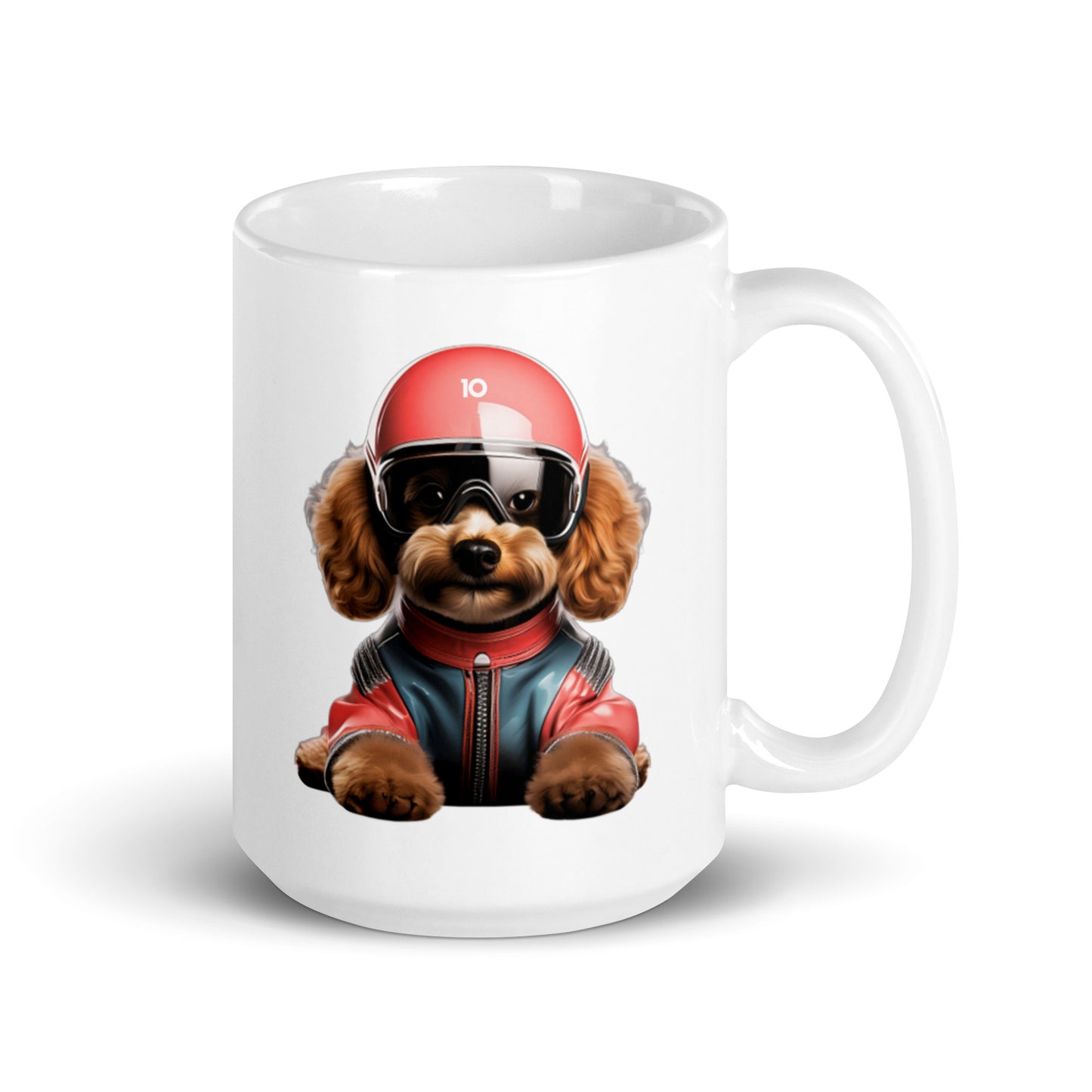 White ceramic 15oz mug featuring a playful illustration of Simba, a fluffy brown dog wearing a red racing helmet and a matching red and blue jacket, inspired by fast dogs.