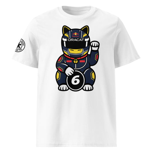 White t-shirt with a large front print lucky cat racer in a dark suit holding a #6 lucky coin perfect for #6 fans and French flyer energy.