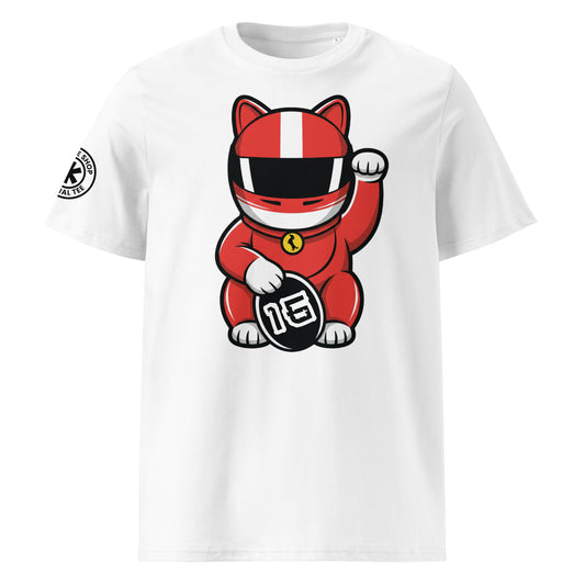 Lucky cat white t-shirt with a large front print red-suit racer illustration holding a #16 lucky coin perfect for #16 fans and red-helmet vibes.