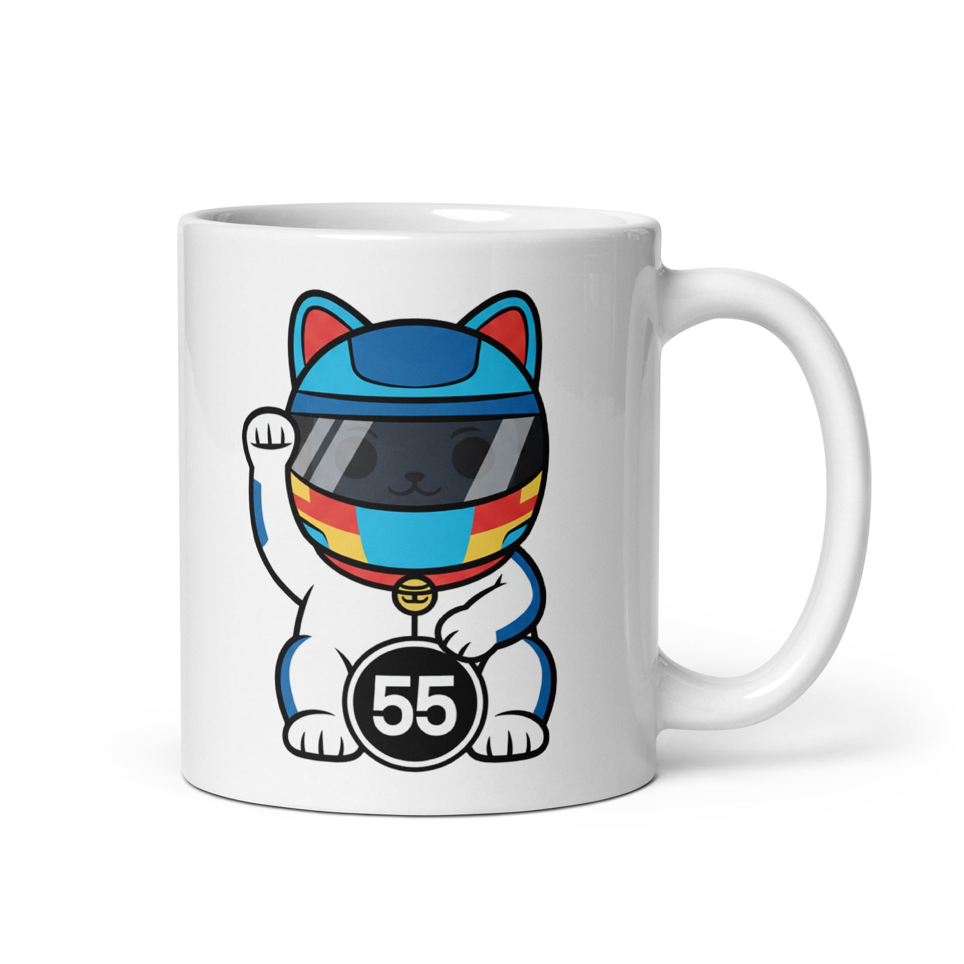 Motorsport-inspired lucky cat mug with blue helmet styling and #55 coin detail perfect for race mornings, sleepovers, and desk flex energy.