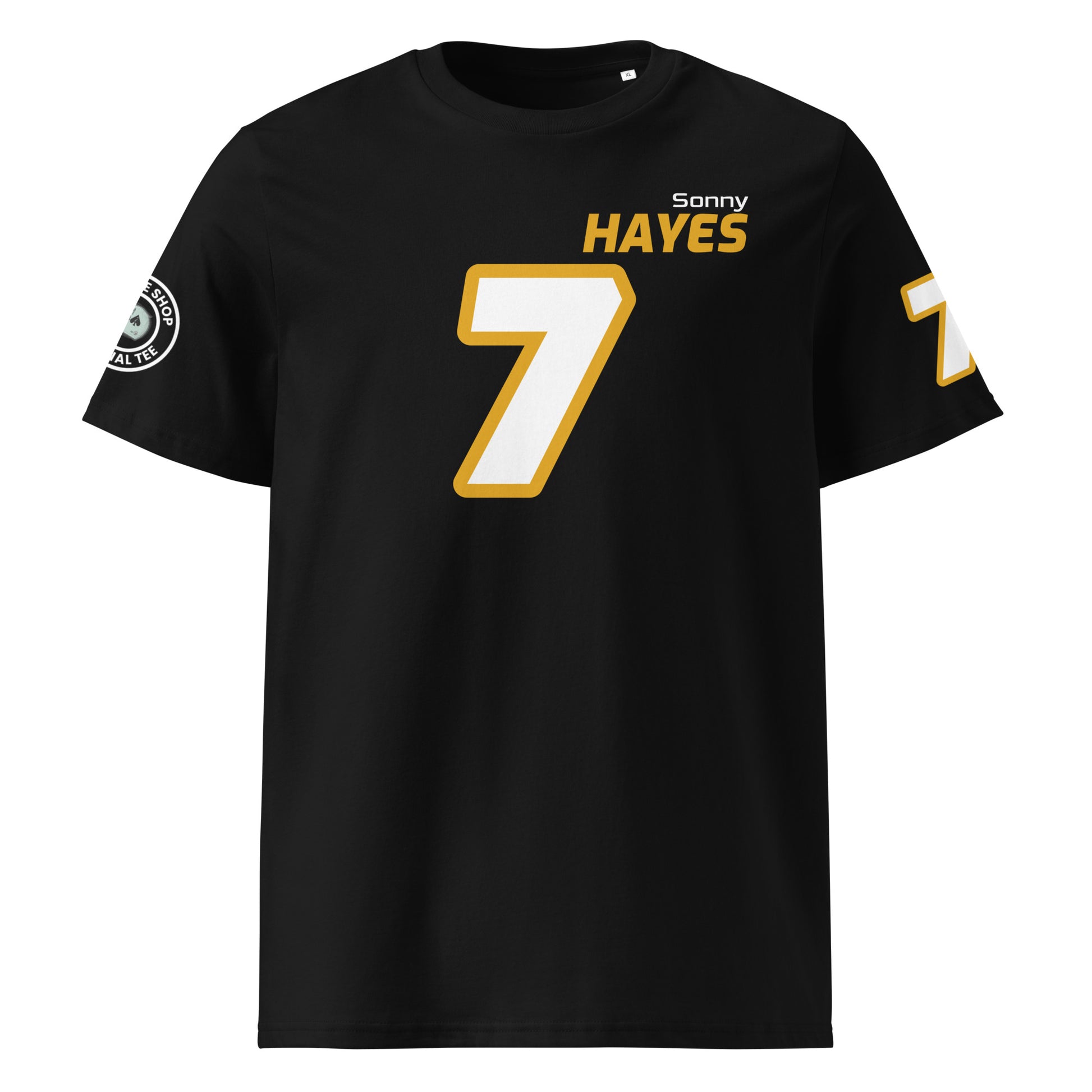 View the front of the black Sonny Hayes T-Shirt, featuring "Sonny HAYES" and the number "7" in white with a yellow outline. Perfect for F1 fans and petrol heads.