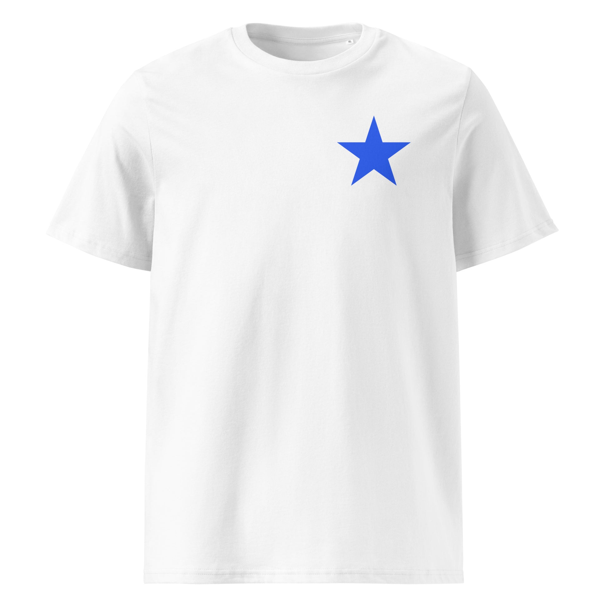 White unisex organic cotton t-shirt with a minimalist blue star on the left chest, St Mary’s College RFC Dublin AIL champions fan design.