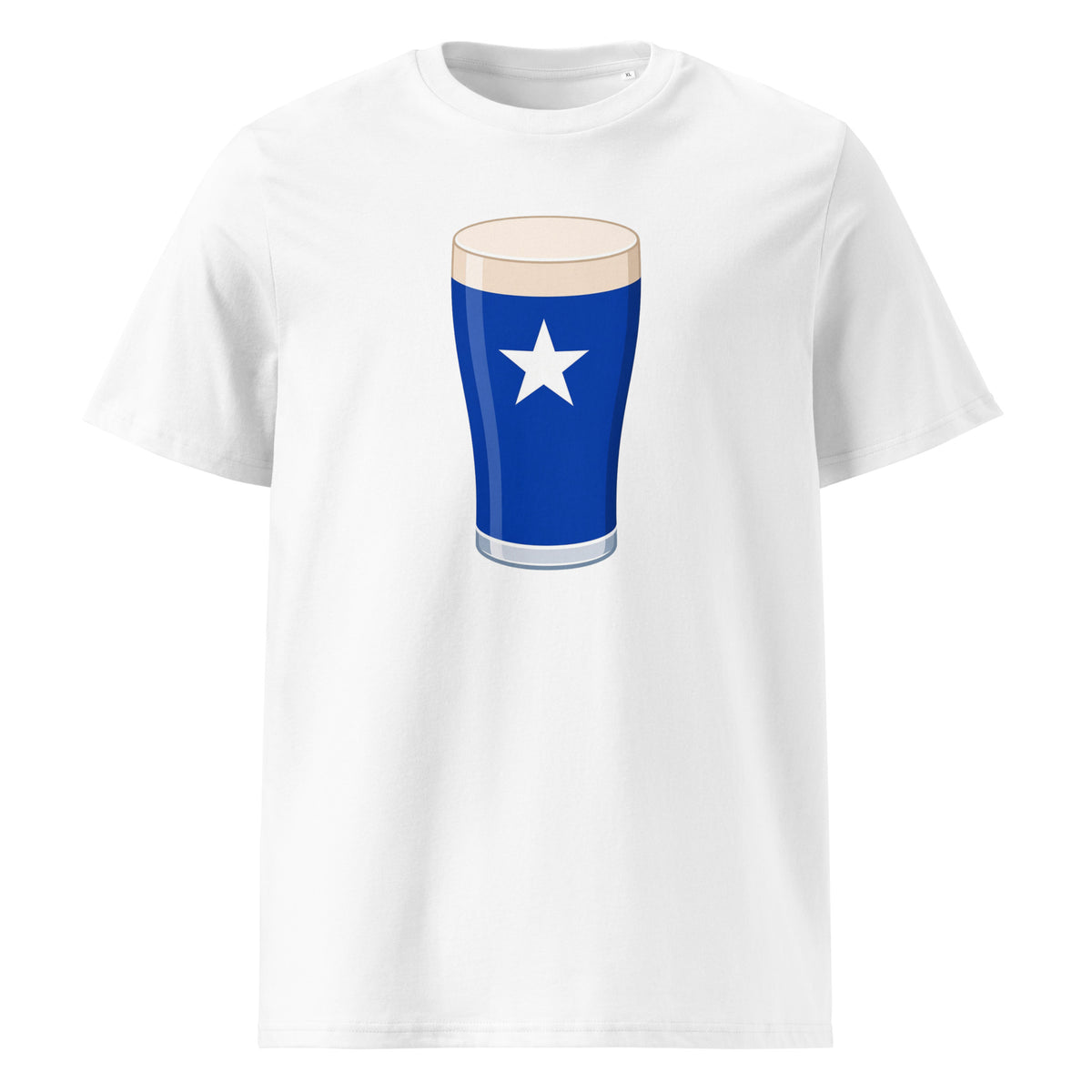 White St Mary’s College Mega Pint rugby t-shirt featuring a blue pint glass graphic with a white star for St Mary’s rugby supporters on match days