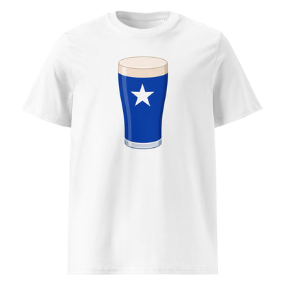 White St Mary’s College Mega Pint rugby t-shirt featuring a blue pint glass graphic with a white star for St Mary’s rugby supporters on match days